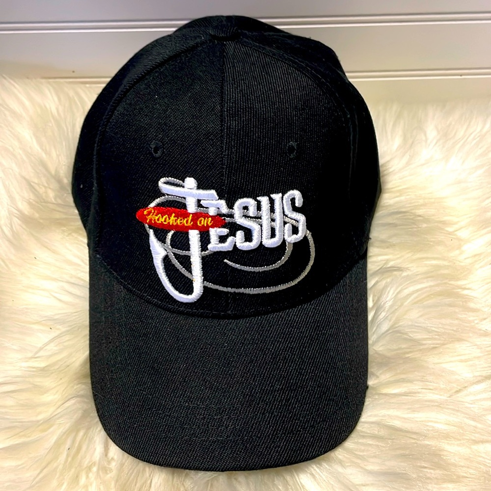 🪝 Hooked on Jesus Black Embroidered Baseball Cap